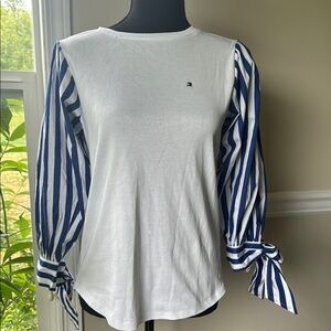 Tommy Hilfiger Women's White and Blue Striped Sleeve‎ Top Size Small